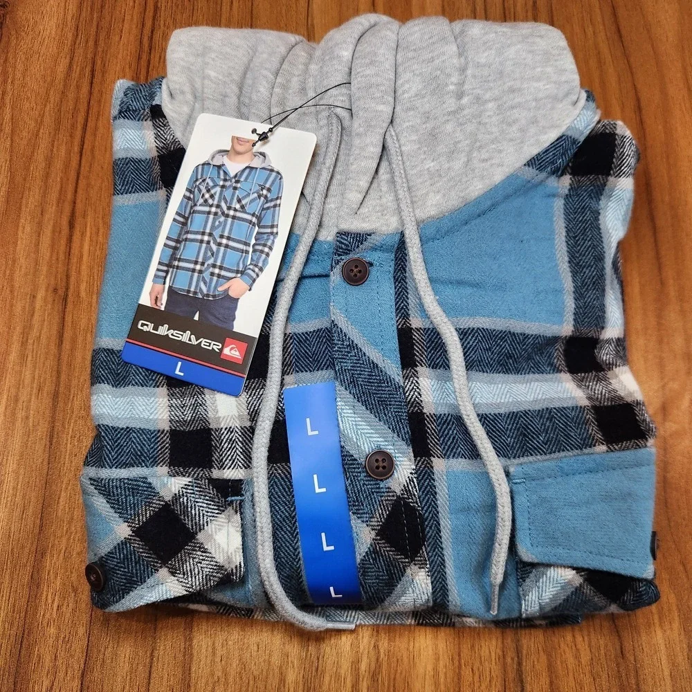 Quiksilver Men's Hooded Flannel, Hood With Drawstring, Midweight,‎ Blue Large